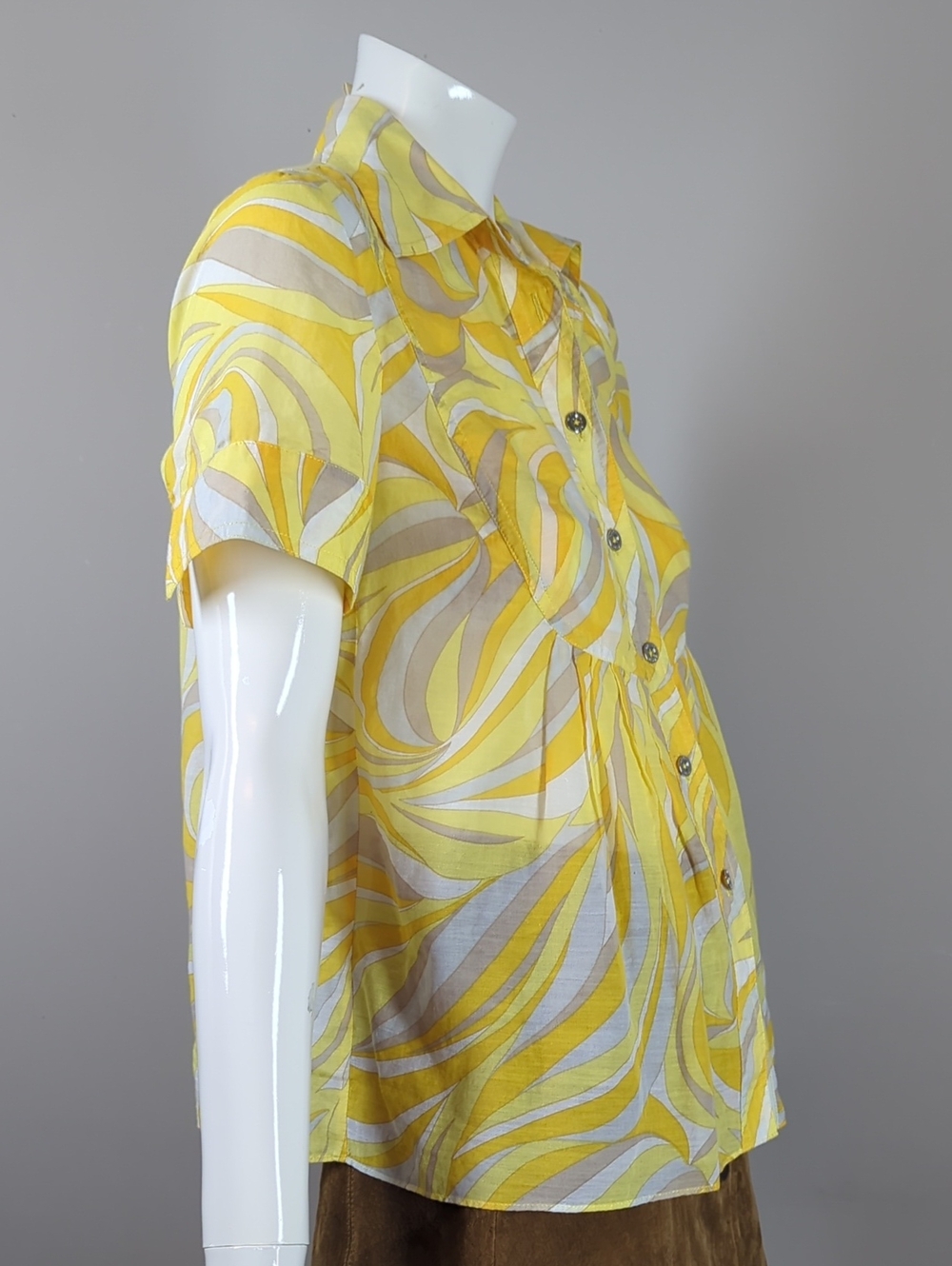 Women's Yellow Swirl Short-Sleeve Button Front Top Michael Kors Sheer Xs - Picture 6 of 9